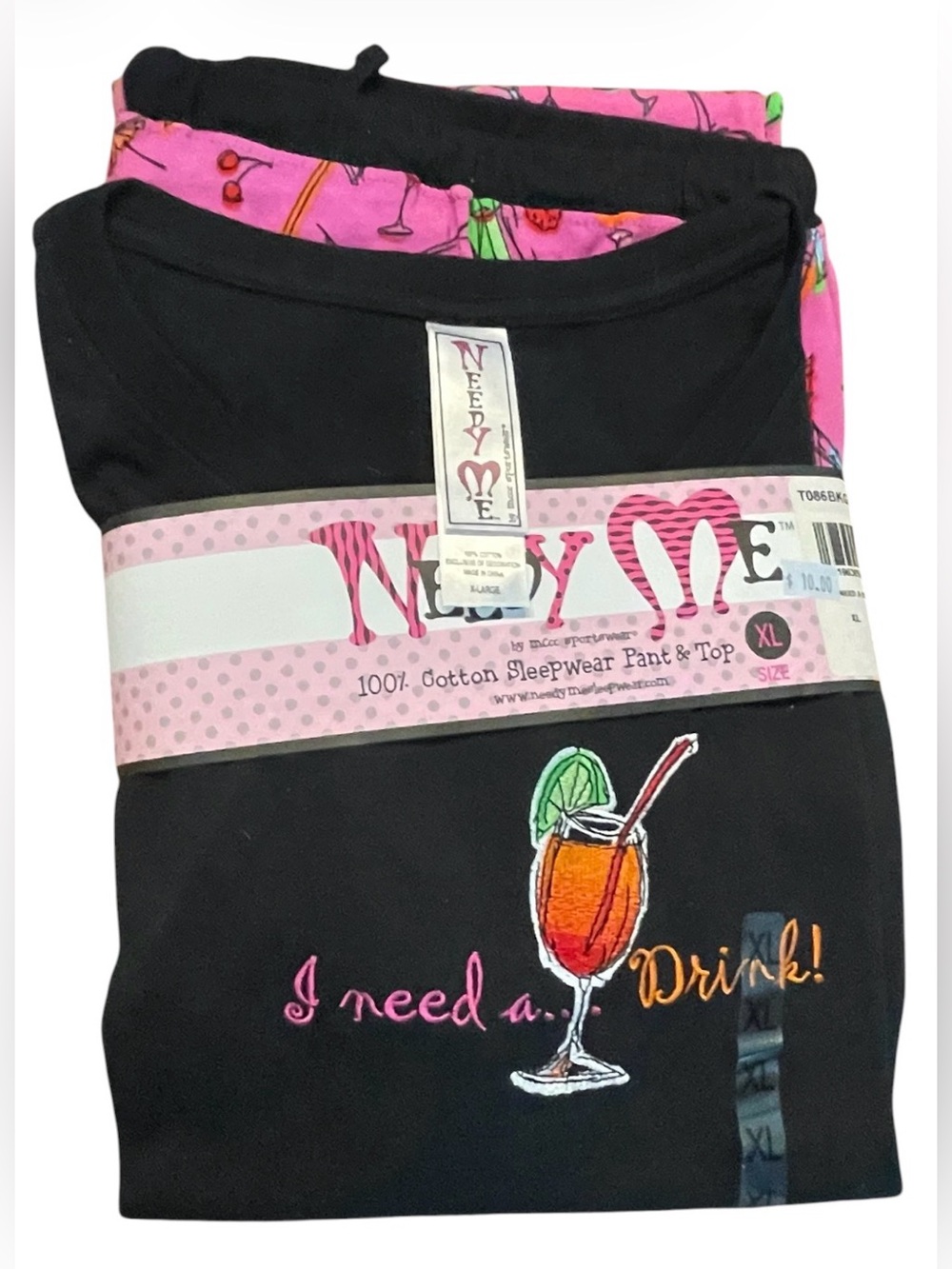 Women’s Black & Pink Cotton Sleepwear Set - XL